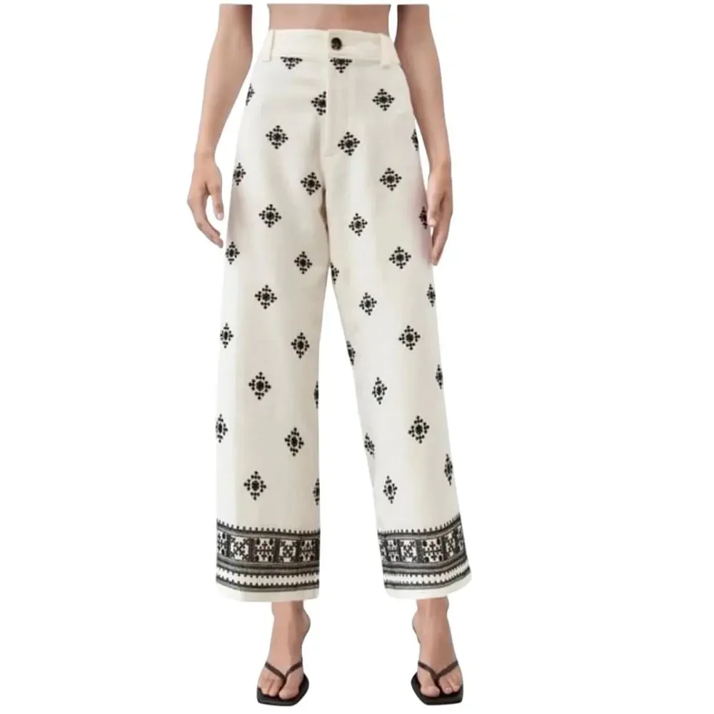 Zara Women's Cream And Black Printed Linen Blend Boho Ankle Pants Size M